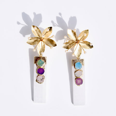 triple druzy selenite bar flower drop